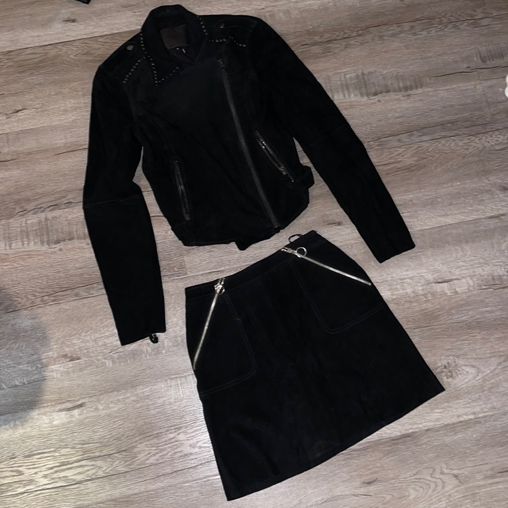 Paige black suede jacket skirt set XS